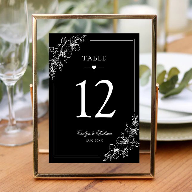 Elegant modern kalligrafi floral svart bröllop bordsnummer (Elegant black floral table numbers with modern calligraphy create a timeless wedding reception.)