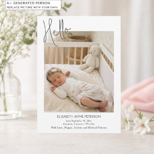 Elegant Modern Kalligrafi Hej Baby Foto Födelse Meddelande
