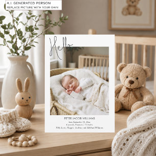 Elegant Modern Kalligrafi Hello Baby Foto Födelse Meddelande