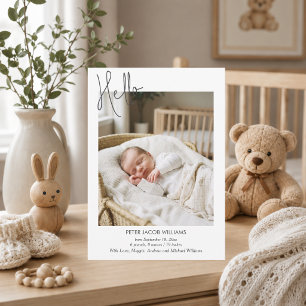 Elegant Modern Kalligrafi Hello Baby Foto Födelse Meddelande