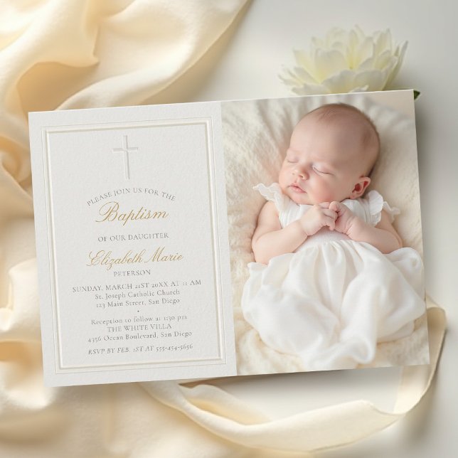 Elegant Modern Klassisk Ram Kors Foto Dop Inbjudningar (baptism invitation party card classic elegant double frame holy cross christening blessing photo )