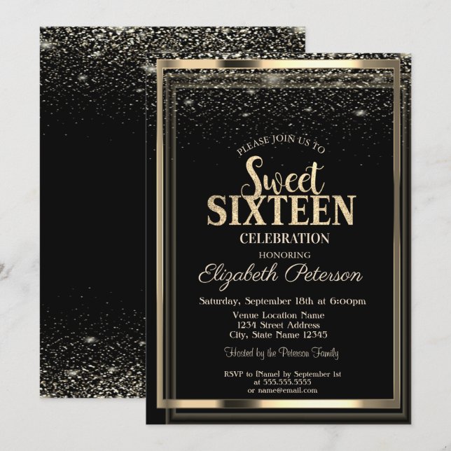 Elegant Modern Konfetti Guld Ram Sweet 16 Inbjudningar (Fram/baksida)