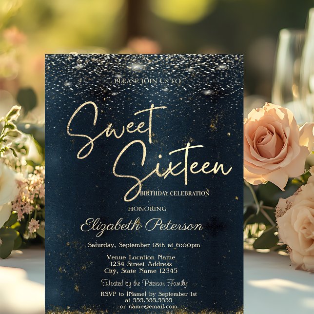Elegant Modern Konfetti Mörkblå Sweet 16 Inbjudningar (Skapare uppladdad)
