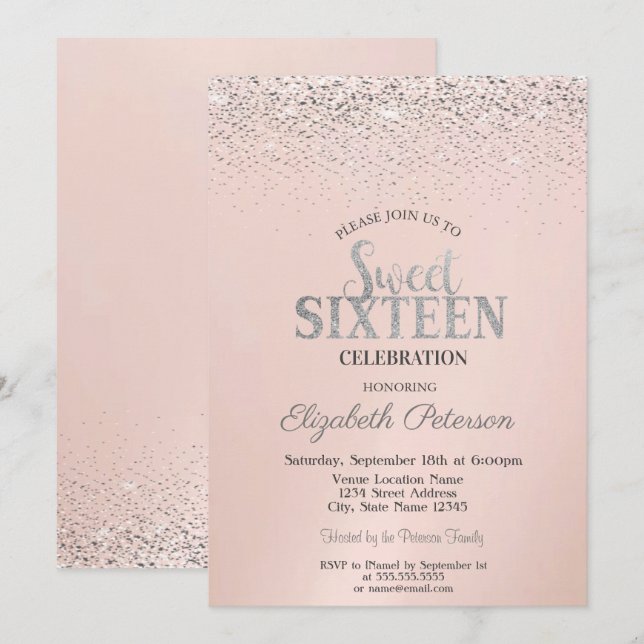 Elegant Modern Konfetti Sweet 16 Inbjudningar (Fram/baksida)