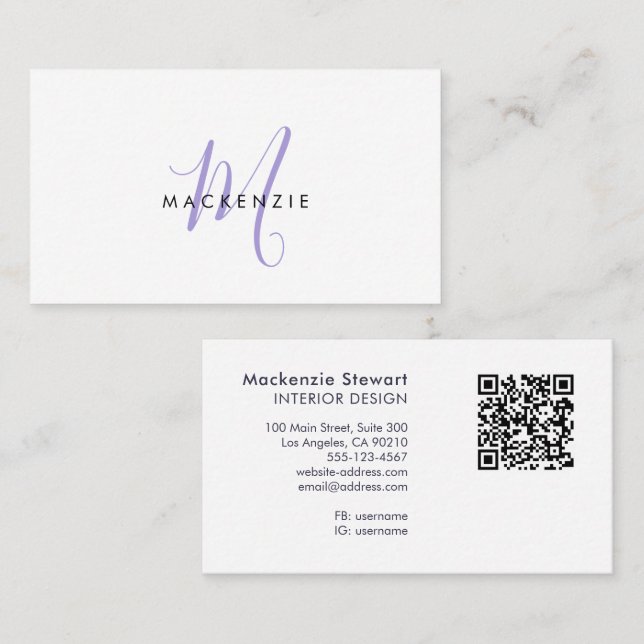 Elegant Modern Lavendel Script Monogram QR-kod Visitkort (Fram/baksida)
