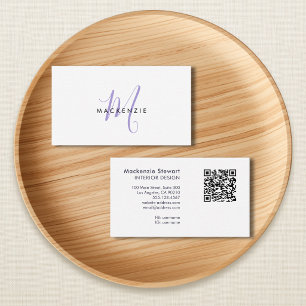 Elegant Modern Lavendel Script Monogram QR-kod Visitkort