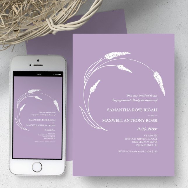 Elegant Modern Lavender Förlovningsfest Inbjudningar (Wedding invitations feature minimalistic lavender line art Victoria Grigaliunas of Do Tell A Belle)