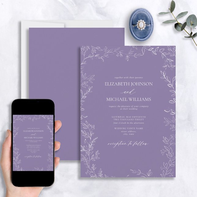 Elegant Modern Lavender Minimal Löv Bröllop Inbjudningar (Skapare uppladdad)