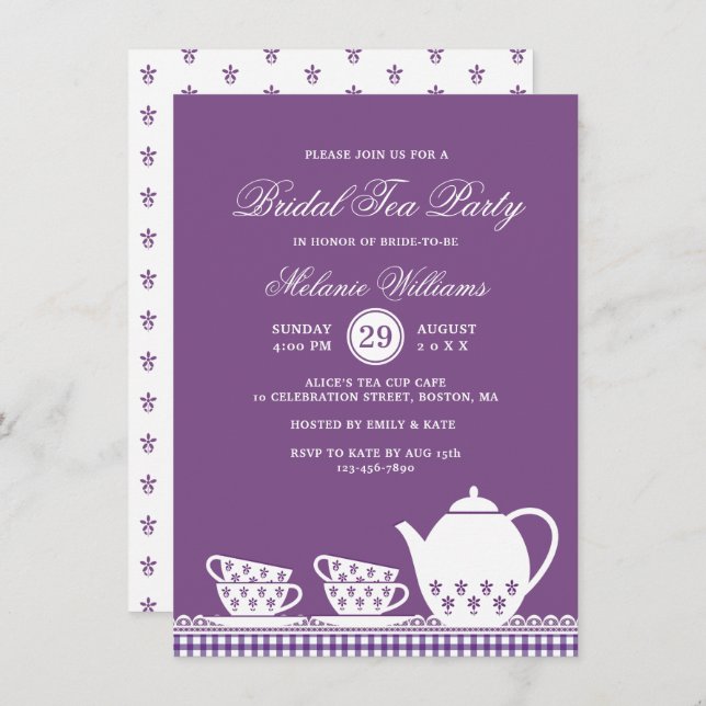 Elegant Modern Lila Bröllopsdusch för Té Inbjudningar (Fram/baksida)