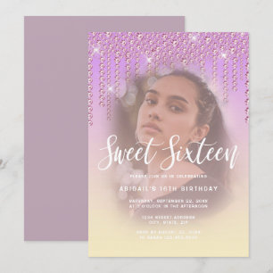 Elegant modern lila diamantdroppar sweet sixteen inbjudningar