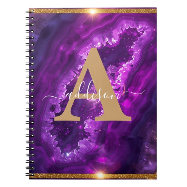 Elegant Modern Lila Guld Glitter Agate Monogram Anteckningsbok (Framsidan)