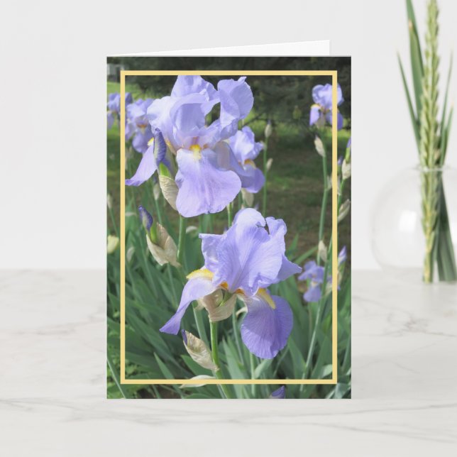Elegant Modern Lila Irises Photo Golden Ram Kort (Framsida)