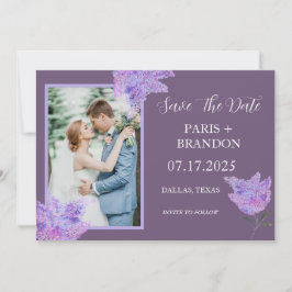 Elegant Modern Lila Lilac Blommigt Photo Bröllop Spara Datumet