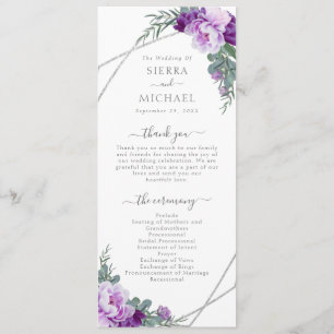 Elegant Modern Lila & Silver Blommigt Bröllop Program