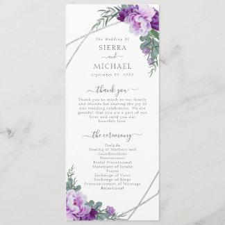 Elegant Modern Lila & Silver Blommigt Bröllop Program