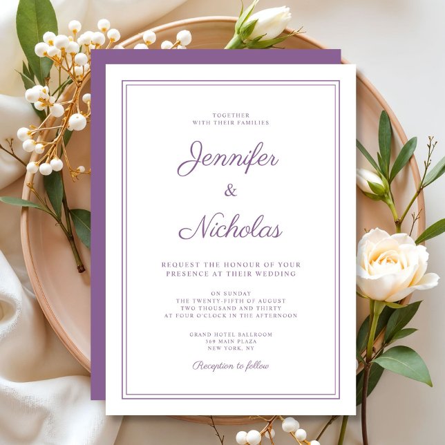 Elegant Modern Lila Syrlilja Script Bröllop Inbjudningar (Elegant Modern Purple Lilac Script Wedding Invitation)