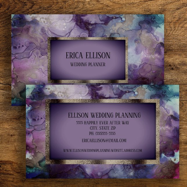 Elegant Modern Lila Violett Silver Bröllop Visitkort (Purple and blue watercolor business card)