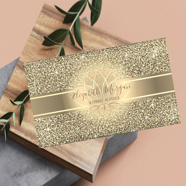 Elegant Modern Lyx Glitter, Guld Rand, Lotus Visitkort (Skapare uppladdad)