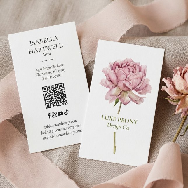 Elegant Modern Lyx Peony Vattenfärg Blomma Visitkort (Elegant Modern Luxury Peony Watercolor Floral Business Card)