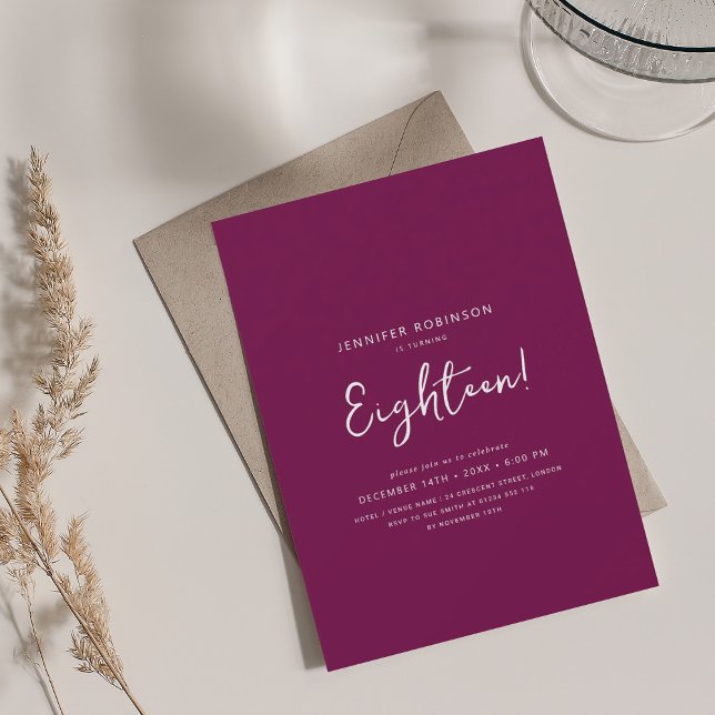 Elegant Modern Magenta 18:e födelsedagen Inbjudningar (Elegant Modern Script 18th Birthday Magenta Invitation)