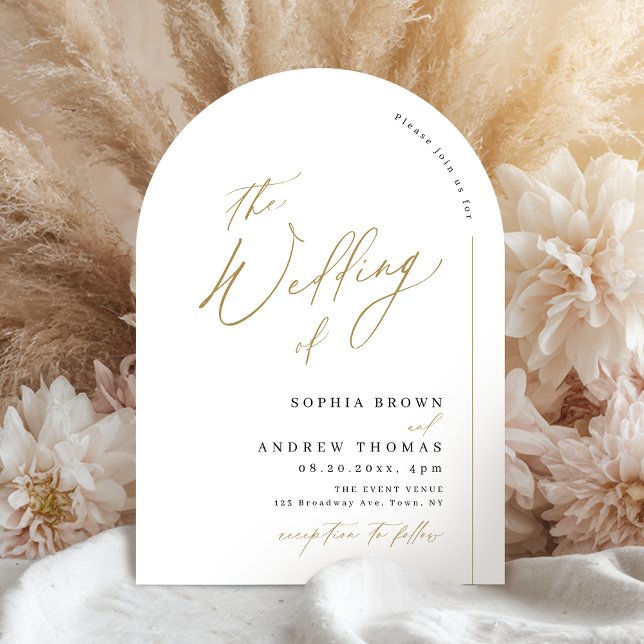 Elegant modern manusmarch bröllop inbjudningar (Elegant modern script minimalist arch wedding invitation)