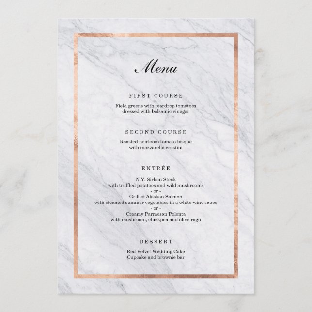 Elegant Modern Marble & Ro Guld Bröllop Menu Meny (Framsida)