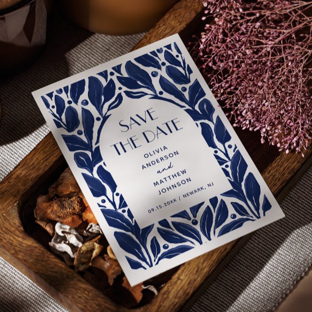 Elegant modern marinblå blommig valv-mönster spara datumet (Skapare uppladdad)