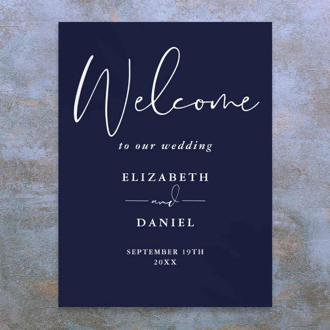 Elegant modern marinblå bröllopsväxkomstskylt poster (Elegant Modern Navy Blue Wedding Welcome Sign)