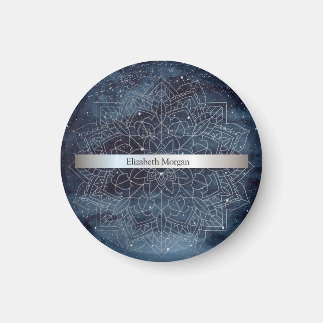 Elegant Modern marinblått Silver Mandala Rand Magnet (Framsidan)