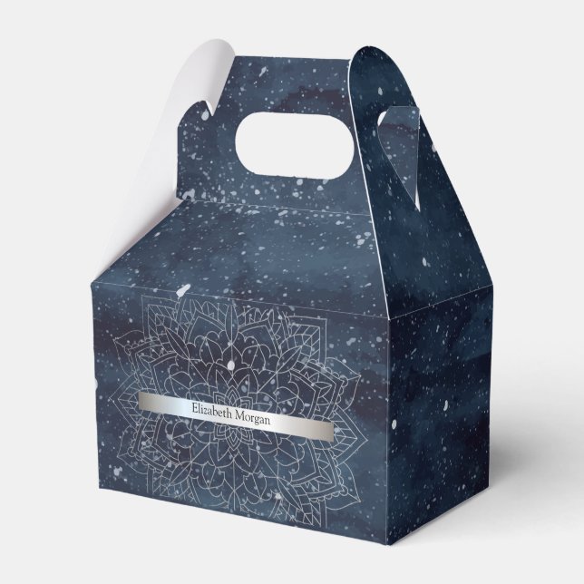 Elegant Modern marinblått Silver Mandala Rand Presentaskar (Framsidan Sidan)