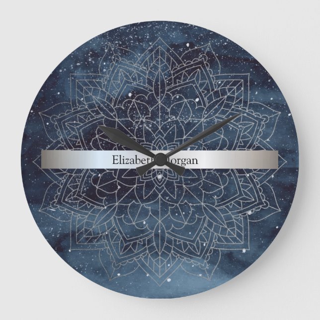 Elegant Modern marinblått Silver Mandala Rand Stor Klocka (Framsida)