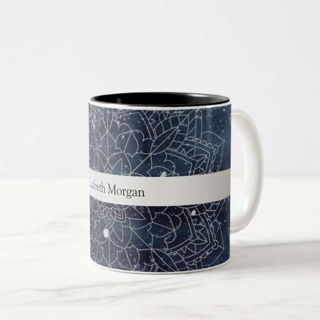 Elegant Modern marinblått Silver Mandala Rand Två-Tonad Mugg (Framsida höger)
