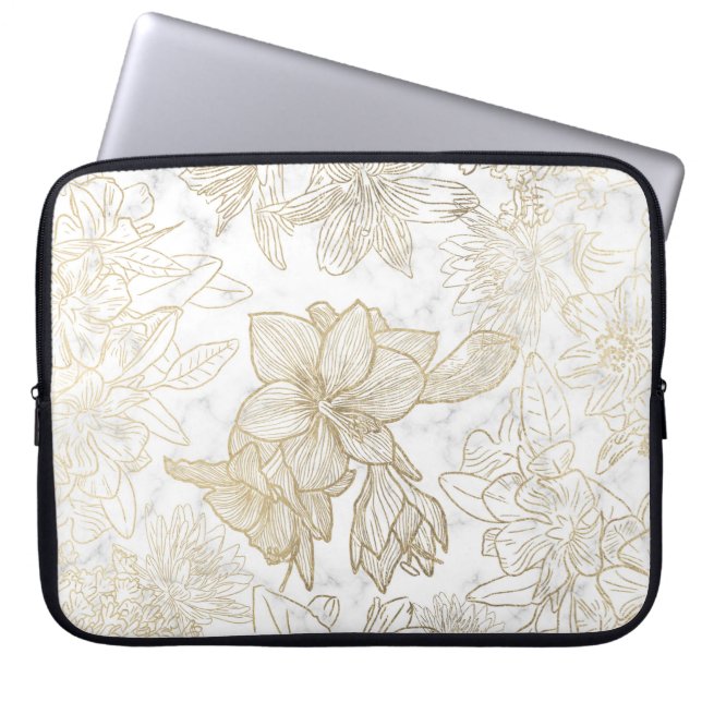 Elegant modern marmor grått guld blommigt laptop fodral (Framsidan)