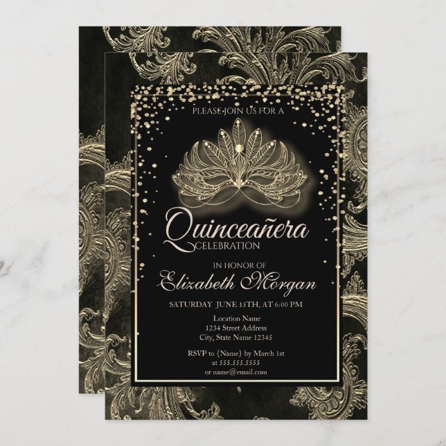 Elegant Modern Masque Blommigt Damask Quinceanera Inbjudningar (Fram/baksida)