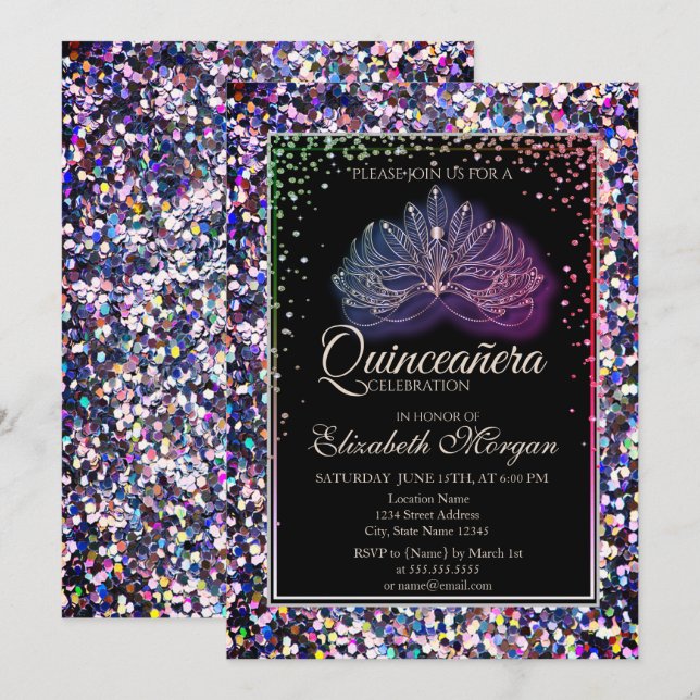 Elegant Modern Masque,Diamonds Sequins Quinceanera Inbjudningar (Fram/baksida)