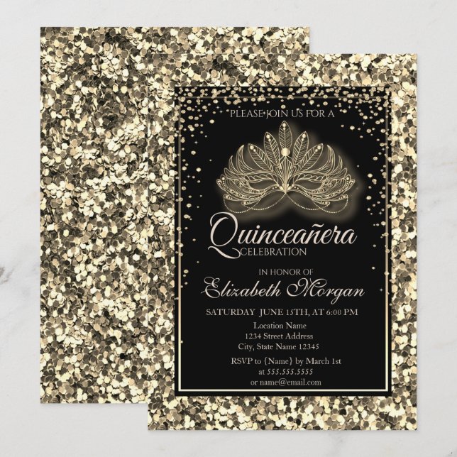 Elegant Modern Masque Guld Sequins Quinceanera Inbjudningar (Fram/baksida)