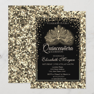 Elegant Modern Masque Guld Sequins Quinceanera Inbjudningar