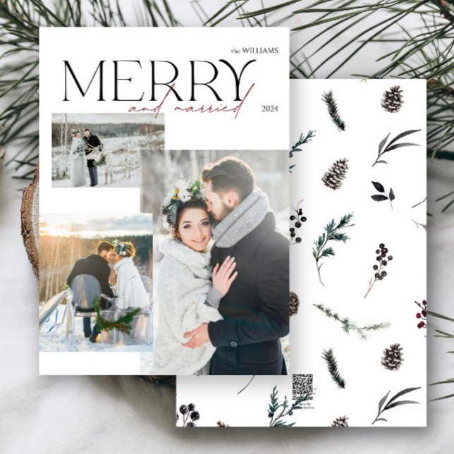 Elegant Modern Merry and Married Newlyweds 3 Photo Julkort (Merry & married! Celebrate your first holiday as newlyweds with this elegant photo card.)
