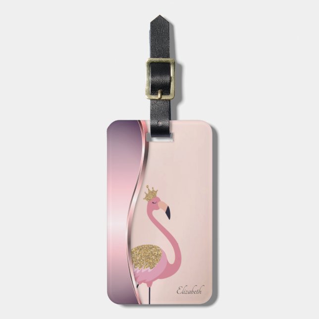 Elegant Modern Metallisk Rosa Flamingo Bagagebricka (Vertikal Framsida)