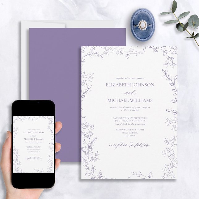 Elegant Modern Minimal Löv Lavender Bröllop Inbjudningar (Skapare uppladdad)