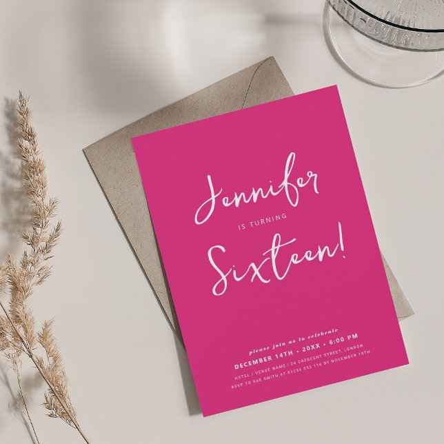Elegant Modern Minimal skript Söt 16 Shock rosa Inbjudningar (Elegant Modern Minimal Script Sweet 16 Hot Pink Invitation)