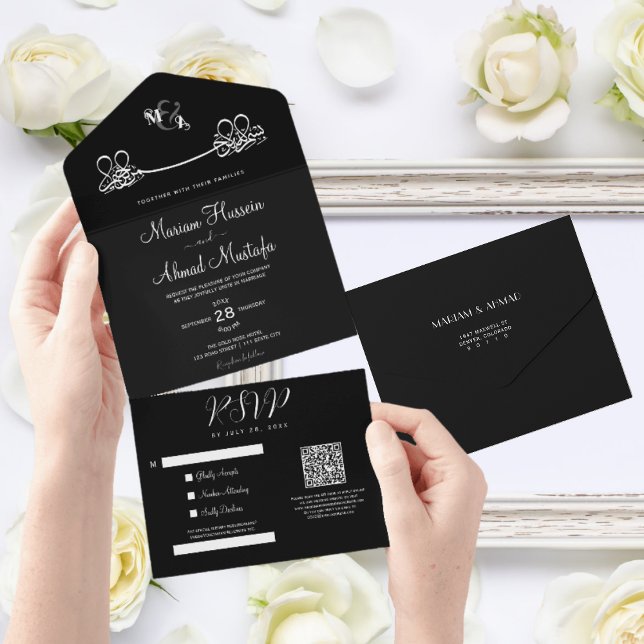 Elegant Modern Minimal Svart & Vitt Islamiskt Nika (All in One Modern Islamic Invitation)