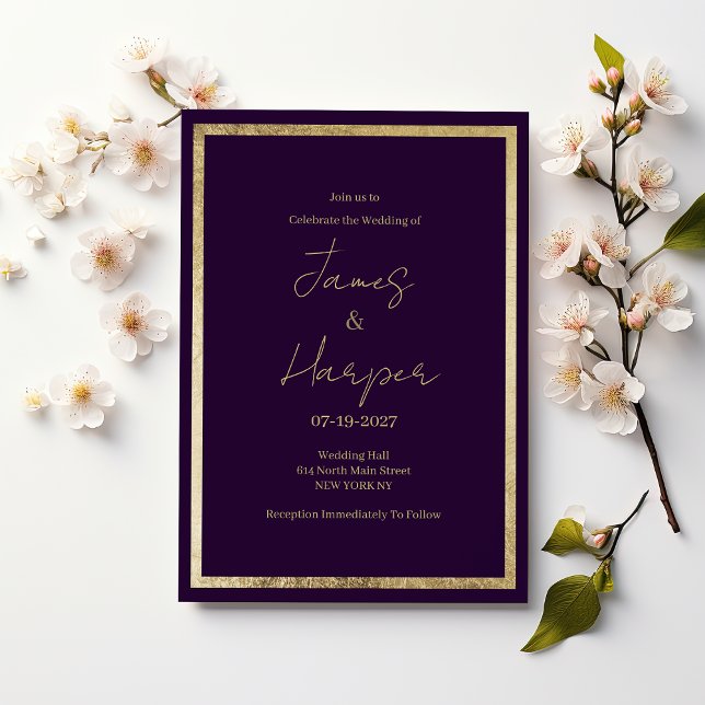 Elegant modern minimalist purple gold Wedding Inbjudningar (Elegant modern minimalist purple gold Wedding )