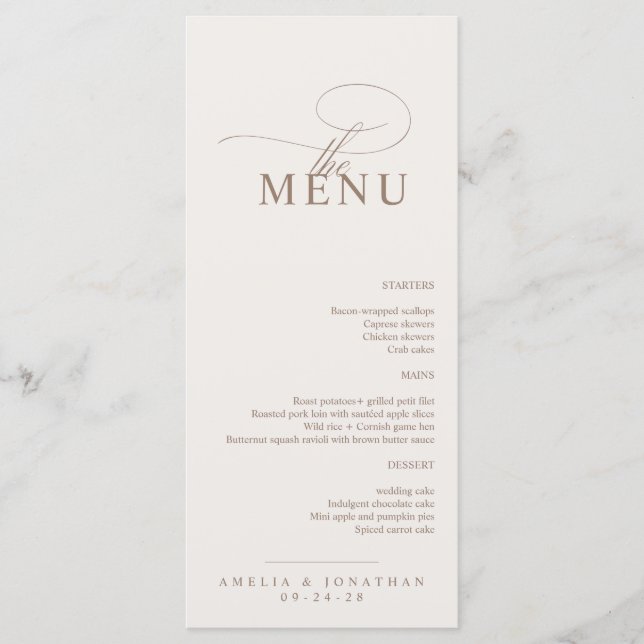 Elegant Modern Minimalistisk Bröllopsmeny i Script Meny (Framsida)