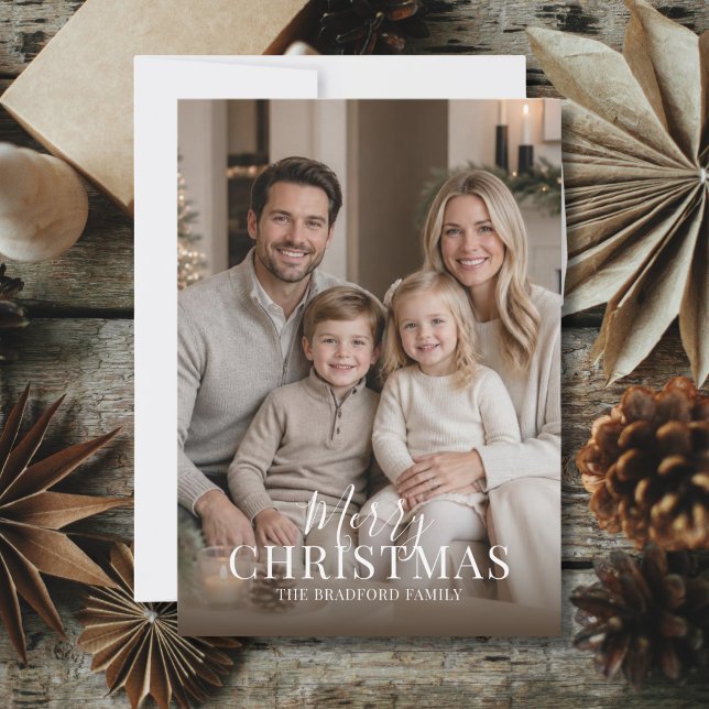 Elegant modern minimalistisk julkort med foto (elegant minimalist merry Christmas full photo holiday card with photo and message on back)