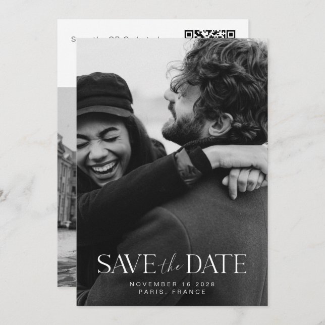 Elegant Modern Minimalistisk kalligraffoto QR Spara Datumet (Fram/baksida)