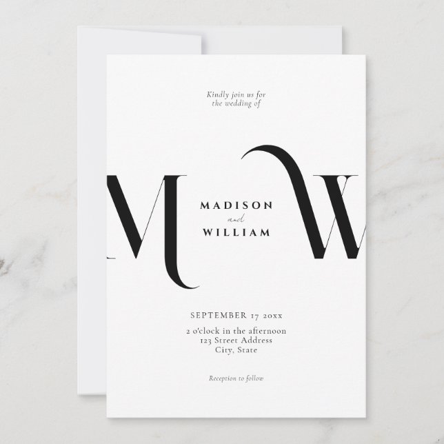 Elegant Modern minimalistisk svart och vitt Bröllo Inbjudningar (Framsida)