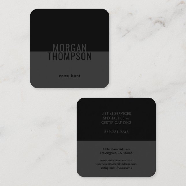 Elegant Modern minimalistiskt vanligt svart Grått  Fyrkantigt Visitkort (Fram/baksida)