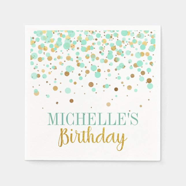 Elegant Modern Mint Guld Confetti Girl Birthday Pappersservett (Framsidan)