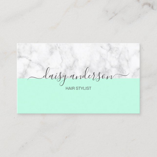 Elegant modern mint- & vitmarmorhårstylist visitkort (Framsida)